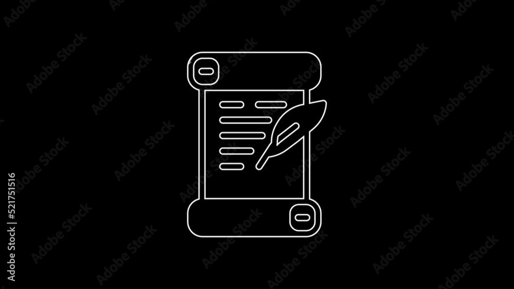 White line Decree, paper, parchment, scroll icon icon isolated on black background. 4K Video motion graphic animation White line Decree, paper, parchment, scroll icon icon isolated on black background. 4K Video motion graphic animation