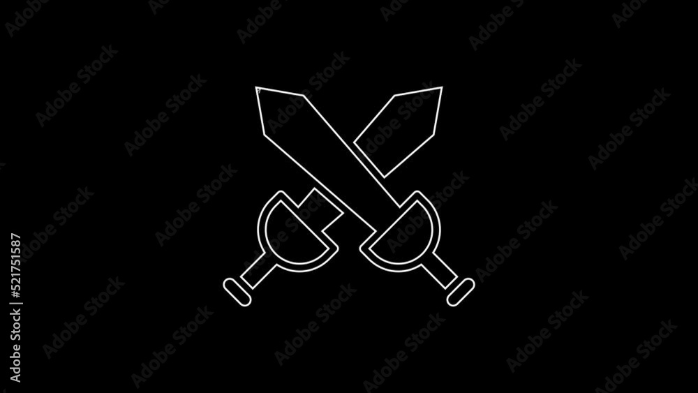 White line Crossed medieval sword icon isolated on black background. Medieval weapon. 4K Video motion graphic animation White line Crossed medieval sword icon isolated on black background. Medieval weapon. 4K Video motion graphic animation