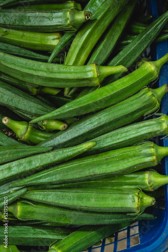 close-up of many fresh okras at the market