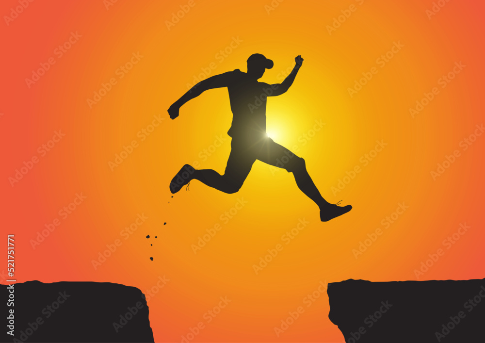 Silhouette of man jumping over the cliffs on sunrise background, achievement business concept vector illustration Silhouette of man jumping over the cliffs on sunrise background, achievement business concept vector illustration