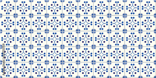 Retro navy blue floral ceramic tiles seamless pattern vector illustration