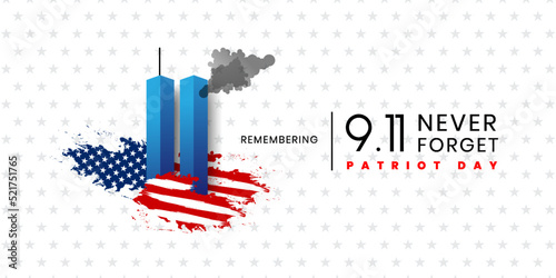 Patriot Day Background, September 11, United States flag, 911 memorial and Never Forget lettering, Vector conceptual illustration