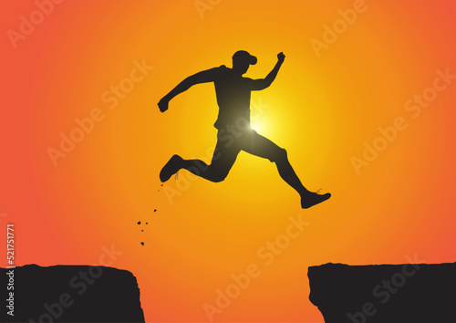 Silhouette of man jumping over the cliffs on sunrise background, achievement business concept vector illustration