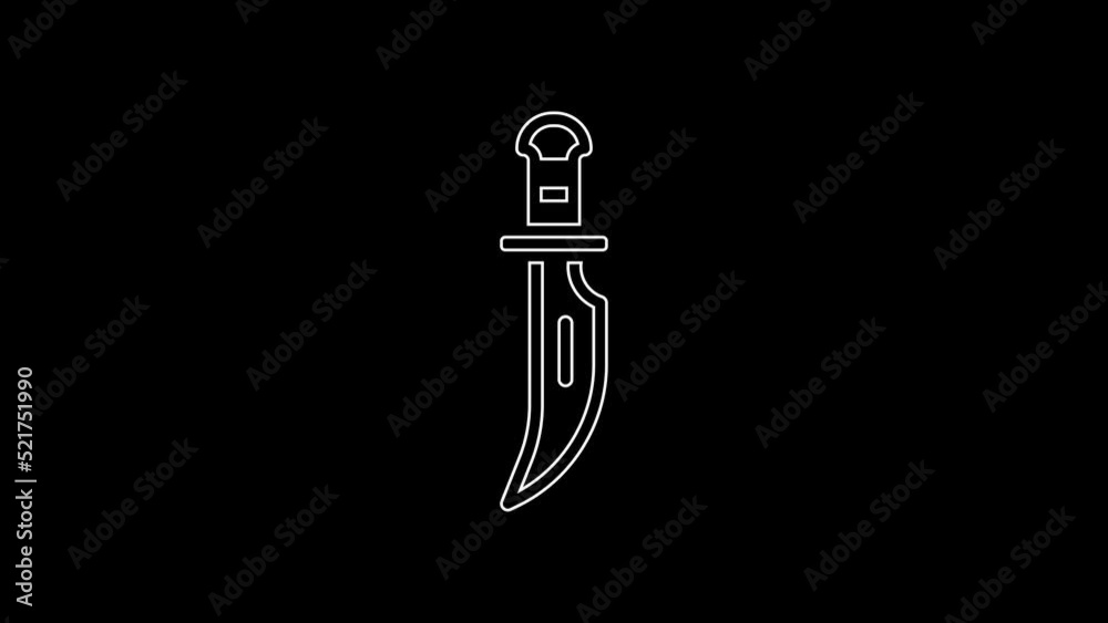 White line Dagger icon isolated on black background. Knife icon. Sword with sharp blade. 4K Video motion graphic animation White line Dagger icon isolated on black background. Knife icon. Sword with sharp blade. 4K Video motion graphic animation