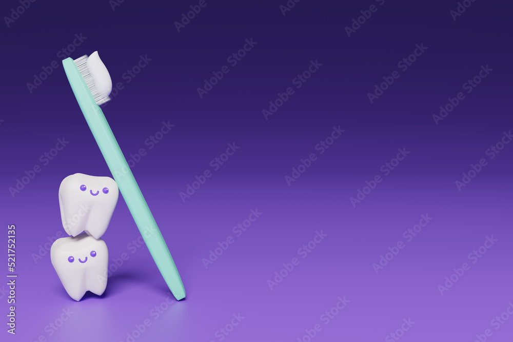 Cute cartoon 3D tooth and toothbrush render