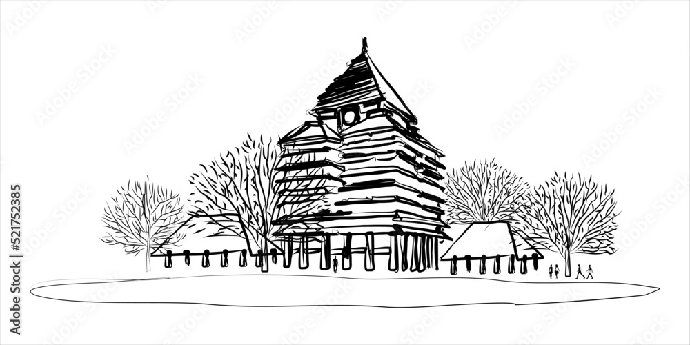 Freehand sketch of the Rectorate Building of a famous public university in the city of Depok, West Java, Indonesia