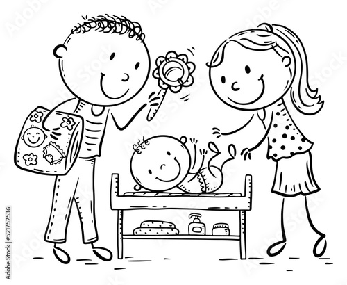 Line drawing of parents changing their baby's diaper. Family restroom for changing nappy