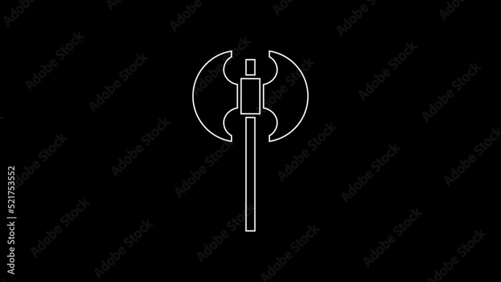 White line Medieval axe icon isolated on black background. Battle axe, executioner axe. Medieval weapon. 4K Video motion graphic animation