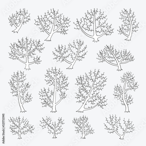 Hand drawn side view tree vector set.