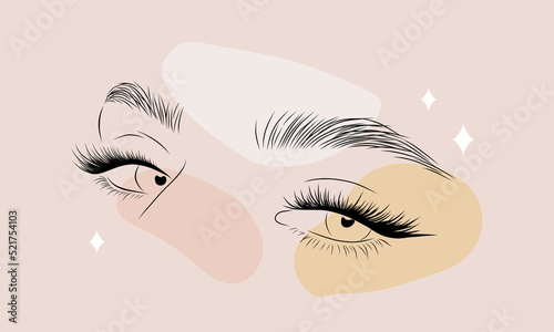 Minimalist female eyes on colored spots. Linear women lashes and brows. Vector illustration in one line drawing style. Perfect for logo.