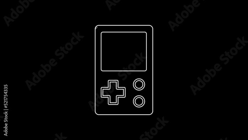 White line Portable tetris electronic game icon isolated on black background. Vintage style pocket brick game. Interactive playing device. 4K Video motion graphic animation
