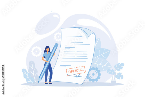 Woman leaving signature on legal document with pen. Concept of signing bilateral contract, making business deal, concluding agreement or treaty, signatory.