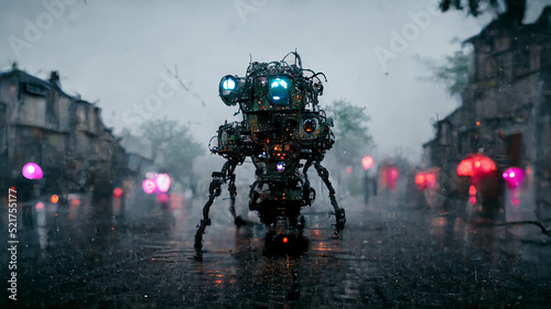 robot with gattling guns and with glowing vines, patroling distopian streets in the rain photo