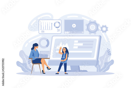 IT education. Student write software and create code for computer. Digital technology for website, interface and devices. Vector illustration.