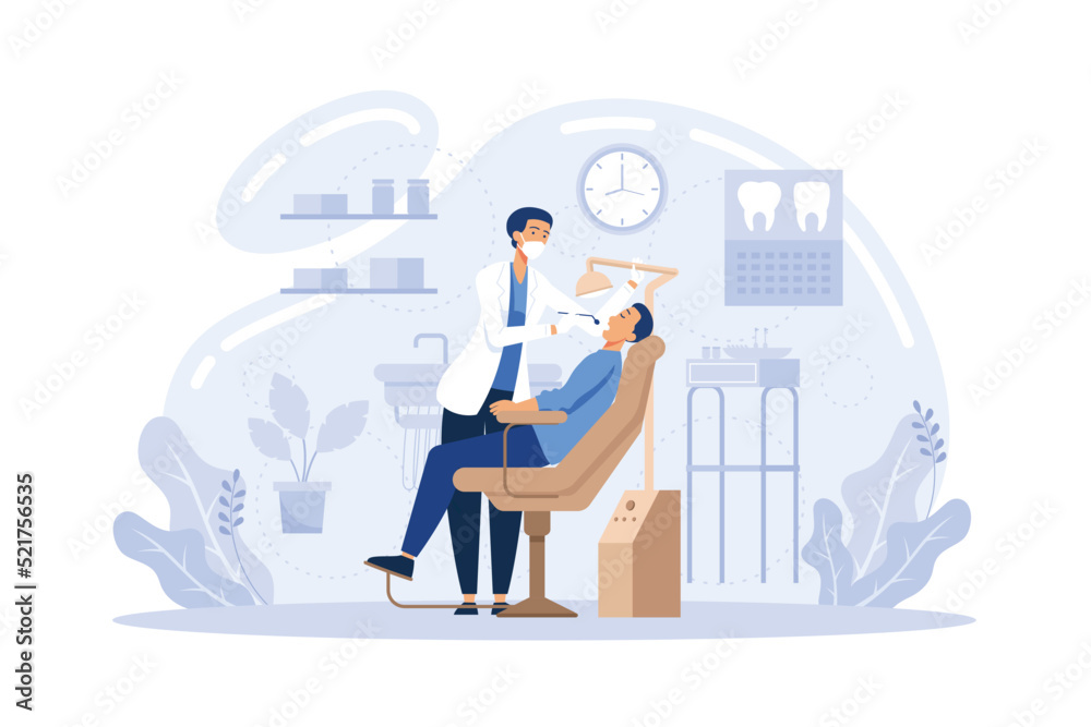 Dentist examining patient with nurse assistance. Man visiting dental clinic, sitting in dentist chair.  Vector illustration for teeth treatment, healthcare, dental care, stomatology concepts