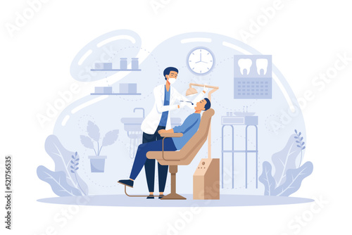 Dentist examining patient with nurse assistance. Man visiting dental clinic, sitting in dentist chair.  Vector illustration for teeth treatment, healthcare, dental care, stomatology concepts