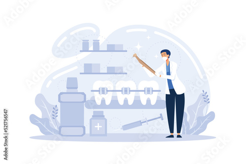 Doctor orthodontist tiny characters examining huge human teeth with braces, flat vector illustration. Dental brackets. Orthodontics, orthodontic treatment, bite correction concept.