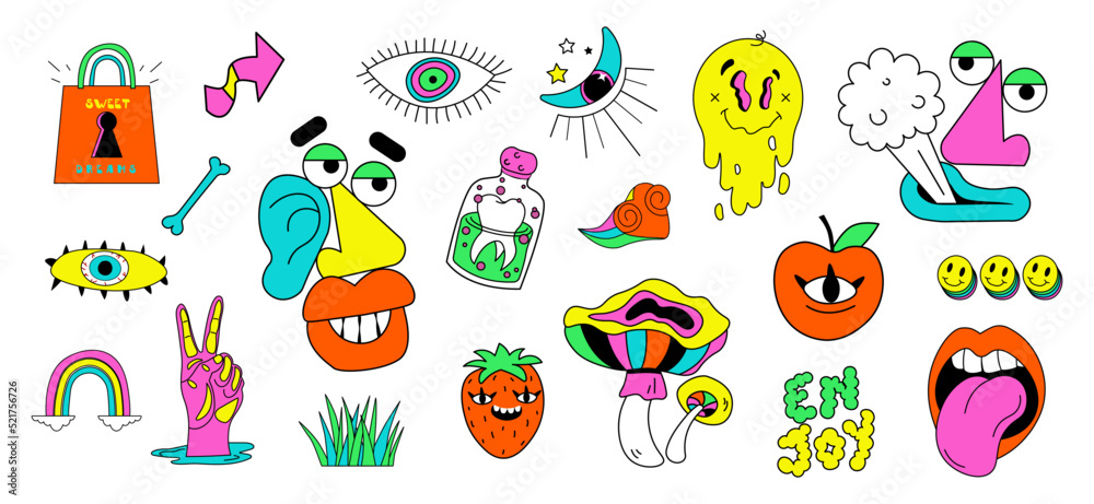 Cartoon psychedelic hippy stickers vector set. Hallucination elements ...