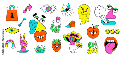Fototapeta Naklejka Na Ścianę i Meble -  Cartoon psychedelic hippy stickers vector set. Hallucination elements,  mushrooms, eyes, face, heart, lips emoji, bones, smoking mouth and victory hand. Crazy psychedelic and hallucination elements.