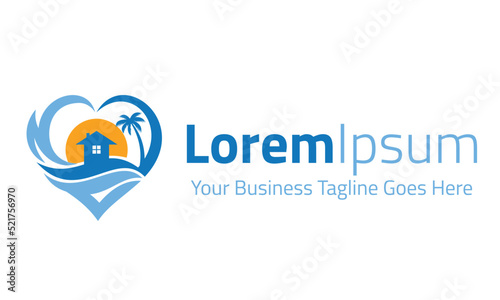 Blue Color Abstract Love Holiday Beach Palm Tree Logo Design