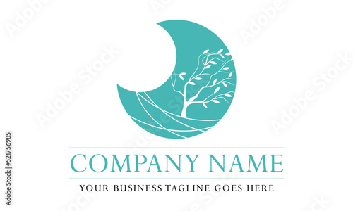 Beautiful Crescent Moon Wind Tree Logo Design