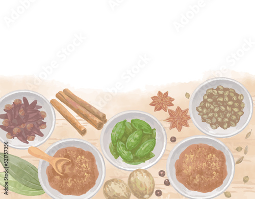 水彩風、お皿に入ったガラムマサラ(カレー用ミックススパイス)をイメージしたイラスト素材。 ベクター。