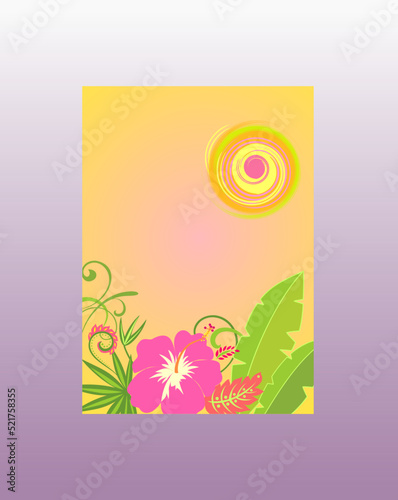 Summery vertical poster with tropical plans, banana leaves, hibiscus flower and hot sun for summer beach party
