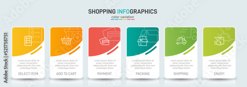 Concept of shopping process with 6 successive steps. Six colorful graphic elements. Timeline design for brochure, presentation, web site. Infographic design layout.