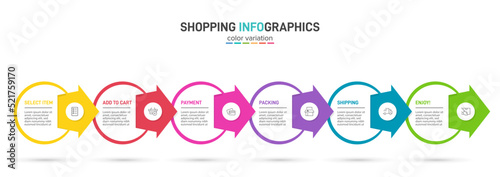 Concept of shopping process with 6 successive steps. Six colorful graphic elements. Timeline design for brochure, presentation, web site. Infographic design layout.
