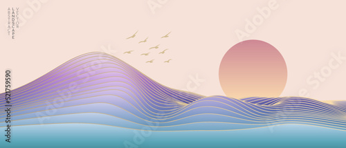 Vector abstract art landscape mountain with birds and sunrise sunset by golden line art texture and colorful pastel colors background. Minimal luxury style for wallpaper, wall art decoration.