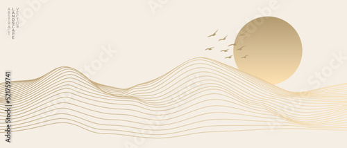 Vector abstract art landscape mountain with birds and sunrise sunset by golden line art texture isolated on white beige background. Minimal luxury style for wallpaper, wall art decoration.