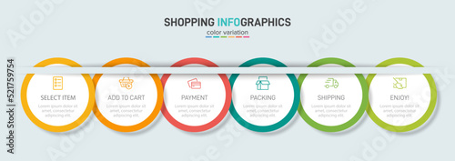 Concept of shopping process with 6 successive steps. Six colorful graphic elements. Timeline design for brochure, presentation, web site. Infographic design layout.