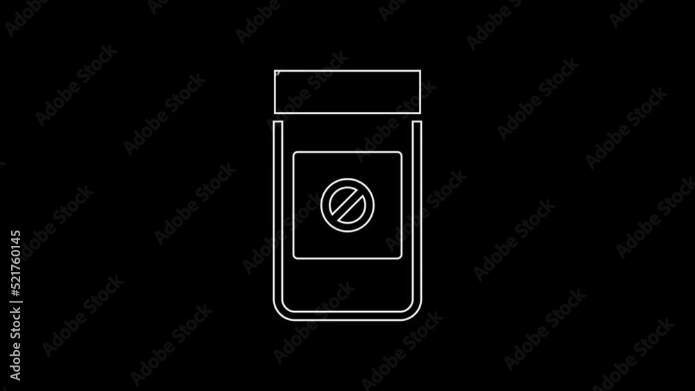 White line Sports doping, anabolic drugs icon isolated on black background. Anabolic steroids tablet. Pills in jar. 4K Video motion graphic animation White line Sports doping, anabolic drugs icon isolated on black background. Anabolic steroids tablet. Pills in jar. 4K Video motion graphic animation