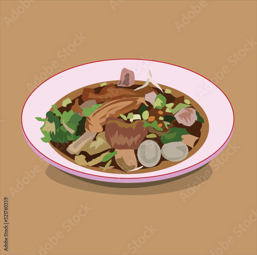 food vector illustration Beef noodles with meatballs, tenderloin in a bowl on brown background.