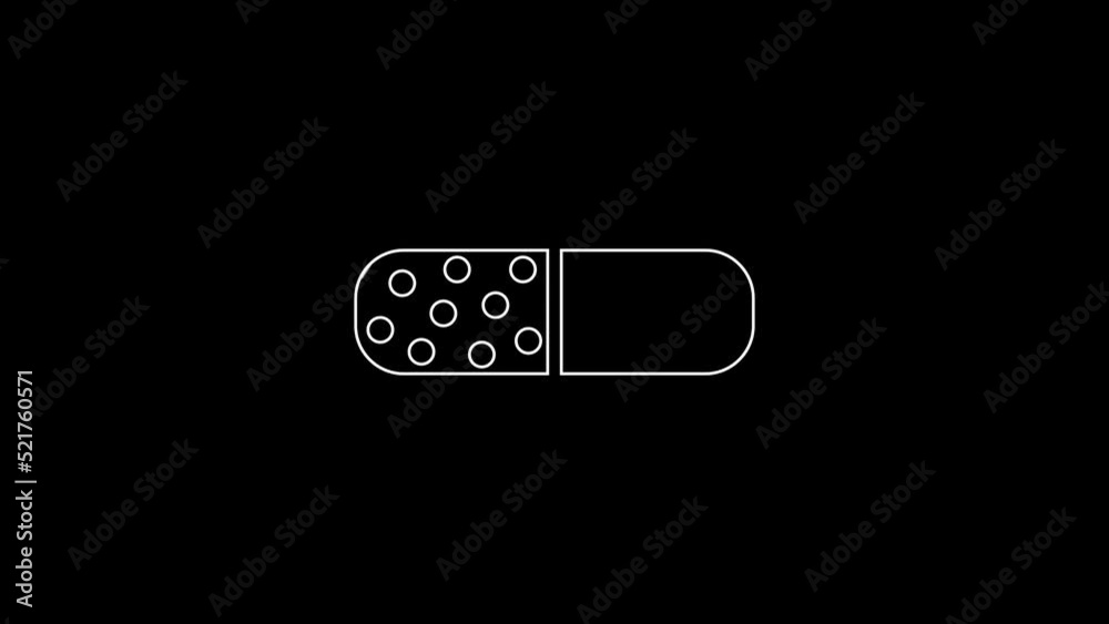 White line Vitamin complex of pill capsule icon isolated on black background. Healthy lifestyle. 4K Video motion graphic animation