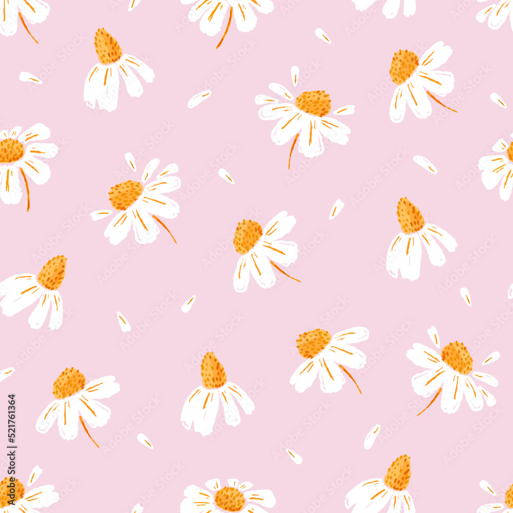 Daisies and petals seamless pattern. Chamomile flowers. Ideal for printing on fabric and paper. Vector background. 