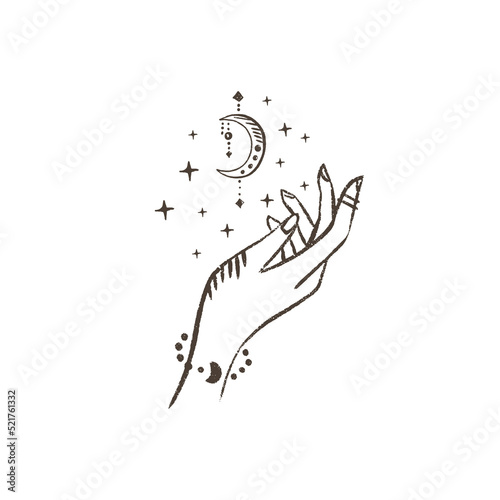 Magic hand with moon. Celestial and mystical moon for branding logo cosmetics and beauty products. Esoteric and mystical design elements.Hand drawn Vector illustration. 