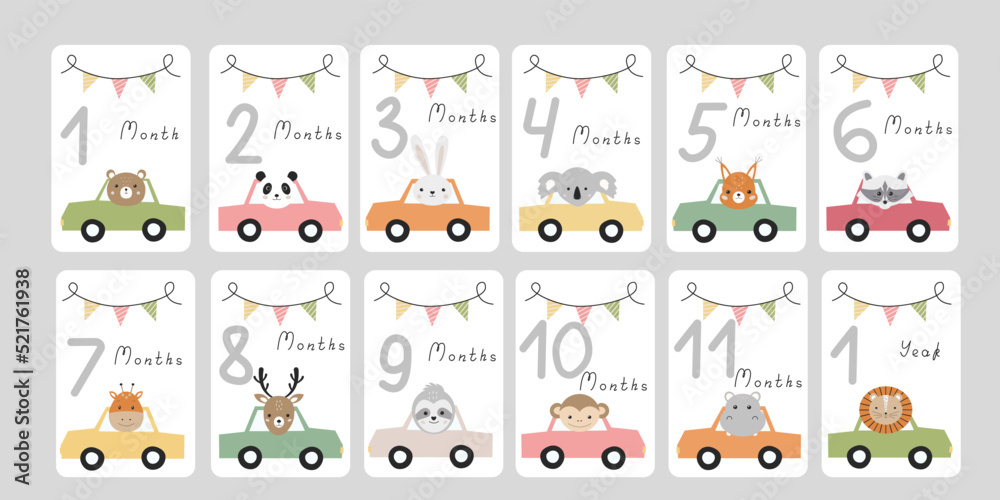 Cute set monthly milestone cards. Baby postcards with numbers and animals by car newborn boy or girl. Print baby shower, baby's birthday. Kids collection of 1-11 months and 1 year. Cartoon bear, panda - obrazy, fototapety, plakaty 