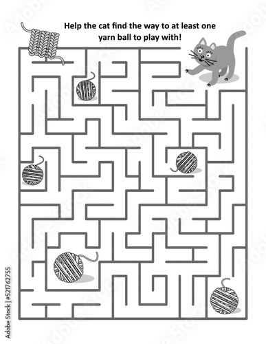 Maze game with playful cat and yarn balls: Help the cat find the way to at least one yarn ball to play with!
