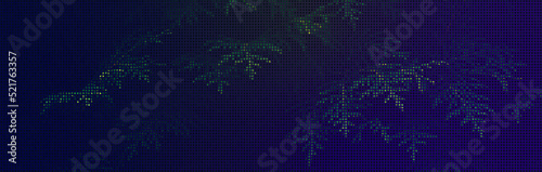 Green branches and dotted tree leaves on a blue and purple background. Modern dotted pattern. 