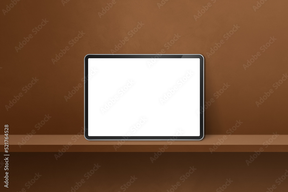 Digital tablet pc on brown wall shelf. Horizontal background banner Digital tablet pc on brown wall shelf. Horizontal background banner