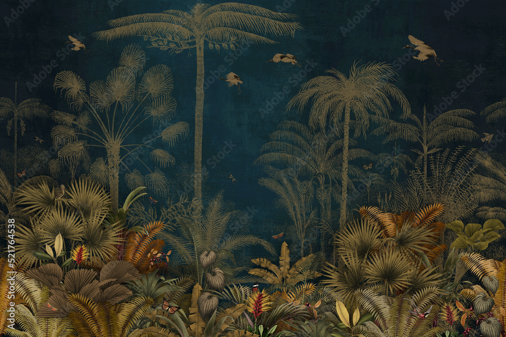 Wallpaper Jungle Tropical Forest trees Palm Birds Vintage blue Painting old
