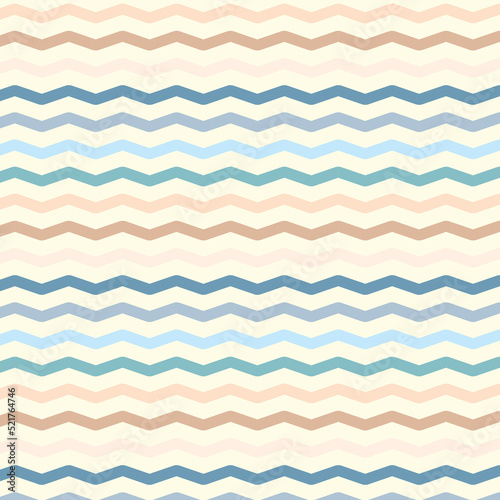 Pastel colored zigzag lines wallpaper. Seamless shevron pattern on light background. Vector illustration. Blue and brown