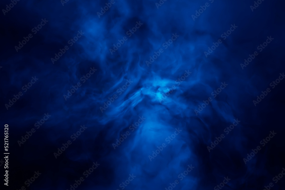Abstract 3d blue fog or swirling smoke on dark background. Magic light effect with vapor and gas. 3d rendering illustration.