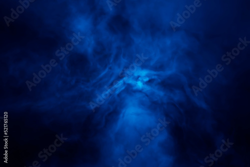 Abstract 3d blue fog or swirling smoke on dark background. Magic light effect with vapor and gas. 3d rendering illustration.