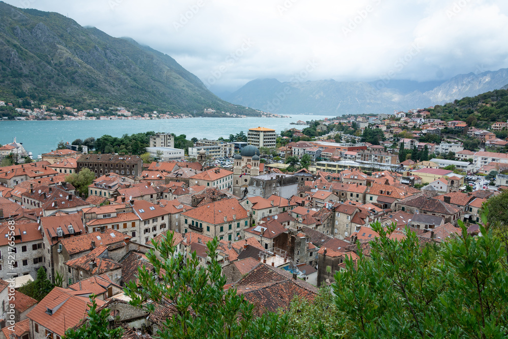 Top view of the town of Kotor and the Bay of Kotor. Montenegro