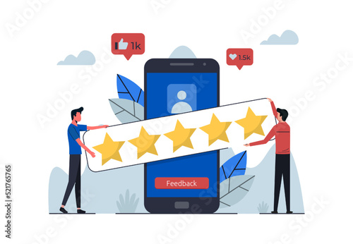 Customers giving five stars feedback. Satisfaction rating and leaving positive reviews. Users experience concept