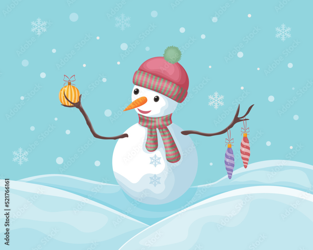 Fototapeta premium The snowman. Winter illustration depicting a cute snowman with Christmas tree toys. A cheerful snowman in a hat and scarf. Christmas illustration vector