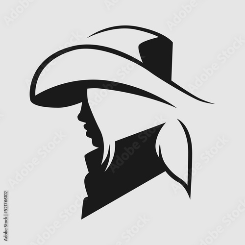 Pretty cowgirl side view portrait symbol on gray backdrop. Design element 