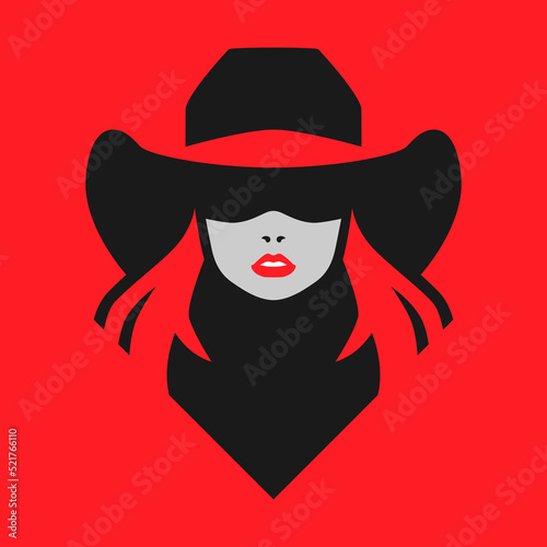 Cowgirl wearing bandana portrait symbol on red backdrop. Design element	